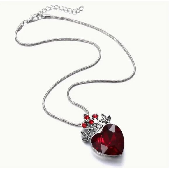 Crowned Heart Red Crystal Pendant Necklace With Silver-Tone Chain - Picture 2 of 3